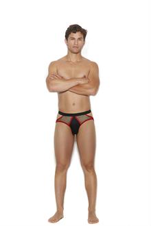 Men's fishnet and lycra jock strap with red trim.