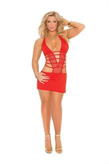 Deep V lycra and net halter neck mini dress Plus Size