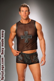 Mesh tank top with leather cross trimmed in nail heads