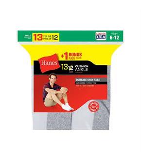 Hanes Men's Cushion Ankle Socks 13-Pack (Includes 1 Free Bonus Pair)