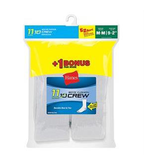 Hanes EZ-Sort Boys' Crew Socks 11-Pack (Includes 1 Free Bonus Pair)