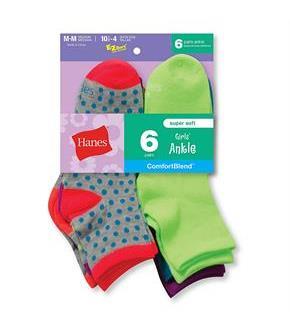 Hanes Girls' Fashion ComfortBlend Ankle Socks 6-Pack