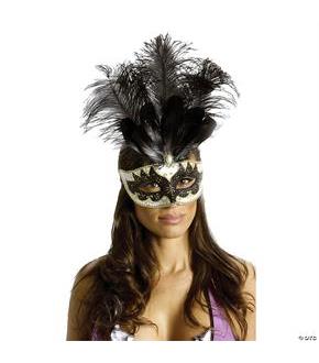 Carnival Mask Big Feather Black/Gold