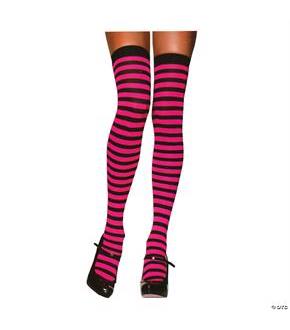 Stockings Thigh High Striped Black/Neon pink