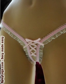 Ruffle Mesh Lace-Up Crotchless Thong Panties-White/Pink