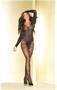 Sheer open crotch long sleeve flame bodystocking with plunging neckline.
