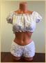 White Lined Lace Short Sleeve Peasant Top