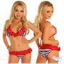 Nautical Lace Trimmed Pucker Back Bikini