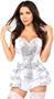 Top Drawer White/Silver Satin and Sequin Steel Boned Corset w/Removable Snap Skirt