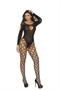 Opaque and cargo net bodystocking with keyhole front, cold shoulder long sleeves and an open crotch.