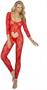 Long sleeve footless lace bodystocking with open heart insert and open crotch.
