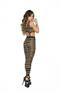 Striped footless bodystocking with garter clip detail and open crotch.