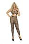 Striped footless bodystocking with garter clip detail and open crotch.
