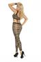 Striped footless bodystocking with garter clip detail and open crotch.