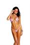 Lycra bikini top and matching g-string with pink trim.