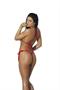 Lycra bikini top and matching g-string with red trim.