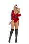 Santa's Tease - 2 pc. costume includes velvet teddy with 3/4 sleeves, attached hood and detachable elastic belt.