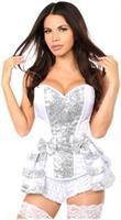 Top Drawer White/Silver Satin and Sequin Steel Boned Corset w/Removable Snap Skirt