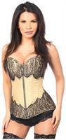 Top Drawer Tan Brocade Steel Boned Corset w/Black Eyelash Lace