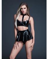 Allure Naughty Nights Latex Look Vinyl and Lace Choker Bra and Mini Skirt 2 pc Set - Black