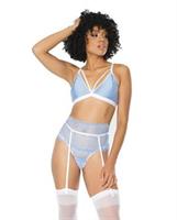 Scallop Stretch Lace Bra, Garter Belt and G-String Light Blue/White