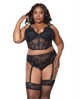 Lace Bustier w/Padded Cups and Gartered Thong Panty 2 pc Set - Black