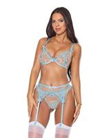 Blue Blossom Underwire Bat, Garter Belt, and G-String 3 pc Set - Blue