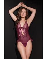 Bold Mesh and Fine Lace Crotchless Teddy Merlot