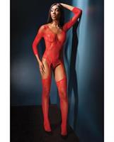 Sleek Seamless Stretch Net Long Sleeve Teddy w/Attch. Stockings Red