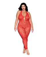 Leopard Pattern Seamless Bodystocking w/Gold Details - Red