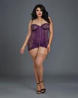 Stretch Lace Garter Slip w/Removable Straps and Attached Side Garters and G-String  Plum