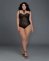Venice Lace and Stretch Faux Leather Teddy w/Snap Crotch Black