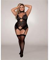 Scalloped Stretch Lace, Snap Crotch Gartered Teddy Black