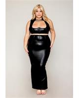Stretch Faux Leather Harness Bra and Long Slip Skirt - Black