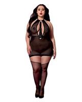 Stretch Mesh and Faux Leather Gartered Chemise w/Removable Flogger - Black