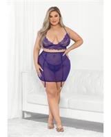 Lace and Mesh Long Line Bra, Garter Skirt and G-String Midnight Purple