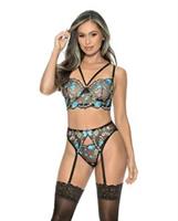 '=Twilight Garden Underwire Bra w/Garterbelt and G-String Black Large