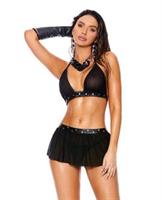 Leather and Mesh Halter Bra Top w/Mini Skirt and G-String - Black