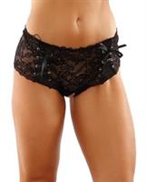 Bottoms Up Magnolia Stretch Lace Crotchless Panty w/Ribbon Lace Up Front Black