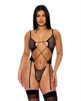 Pull My Strings Sheer Mesh Teddy w/Garters and Faux Pearl Details - Black