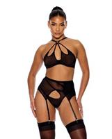 Feeling Butterflies Mesh Halterneck Bra w/Garter and Panty - Black