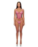 Animal Instincts Mesh Bustier and Panty 2 pc Set - Pink Leopard