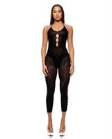 Cross Your Mind Capri Floral Knit Bodystocking w/Rhinestone Details - Black