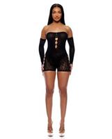 Cross Your Mind Romper Bodystocking w/Rhinestone Details and Gloves 2 pc Set - Black