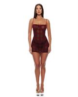 Velvet Lines Mesh Chemise and Thong 2 pc Set - Red/Black