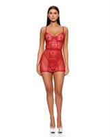 La Vie En Rose Metallic Embroidered Chemise, Panty and Belt 3 pc Set - Red
