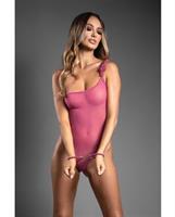 Domina One-Shoulder Sheer Mesh Teddy w/Rope Cuffs - Pink