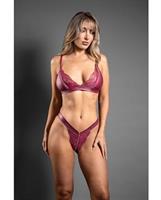 Domina Lace Bralette and Panty in Leatherette with Zipper Detail - Berry