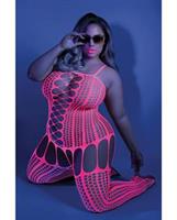 Glow Black Light Criss Cross Paneled Bodystocking Neon Pink