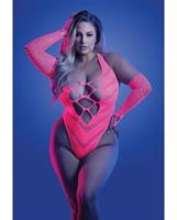 Glow Flashback Black Light Reactive Rhinestone Teddy w/Gloves (or Leg Warmers) - Neon Pink